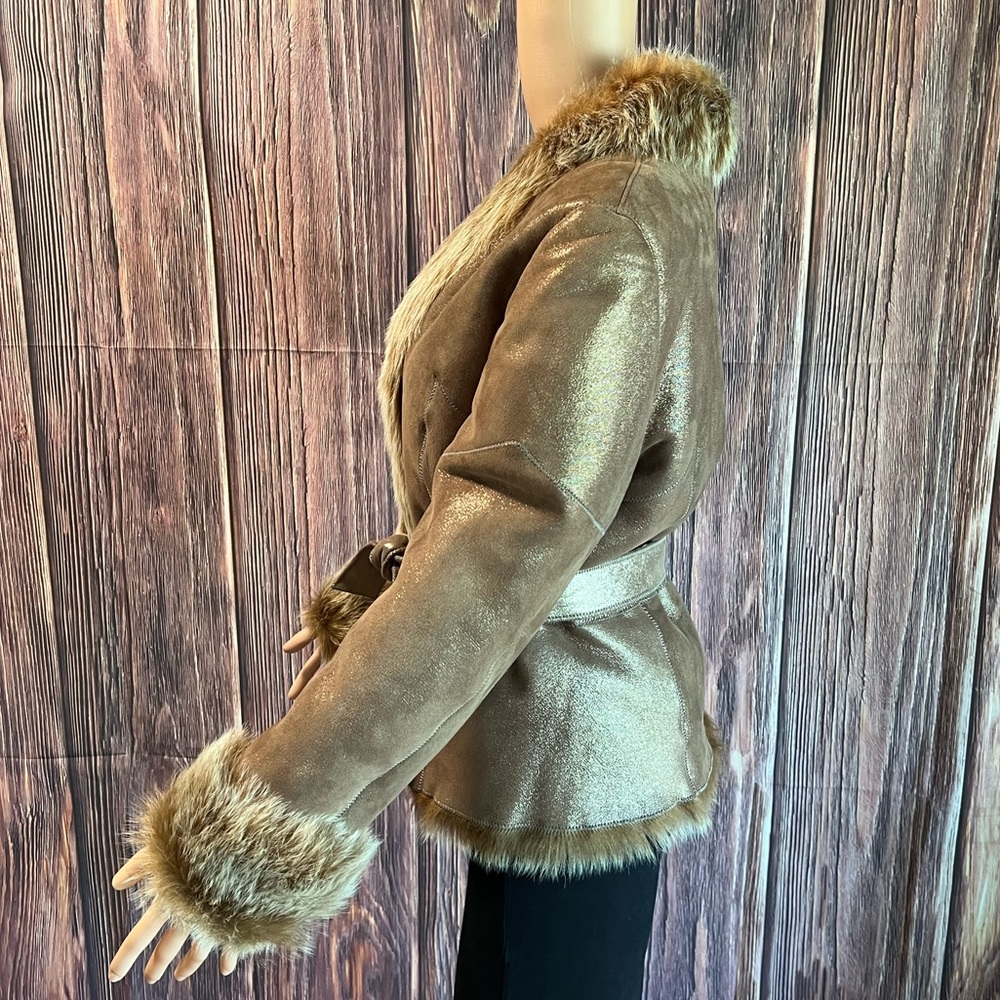 Saks Fifth Avenue medium large tan beige gold 100% leather fur vintage coat - Picture 5 of 16